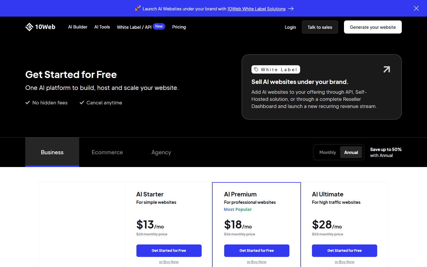 10web pricing page screenshot
