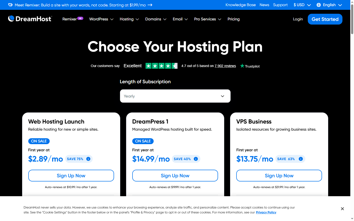 DreamHost Pricing Plans — Official Website Screenshot