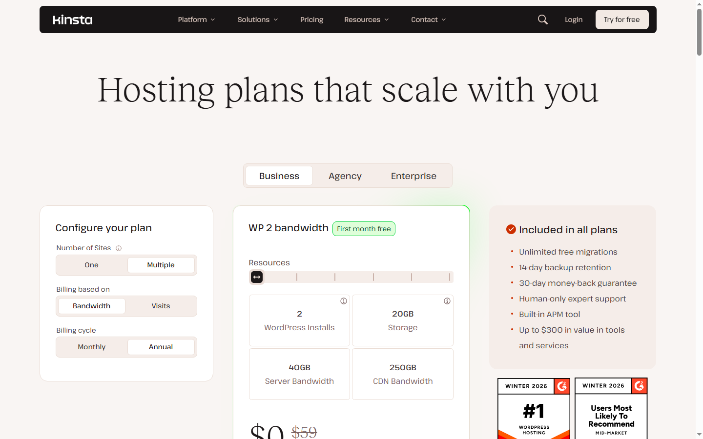 kinsta pricing page screenshot