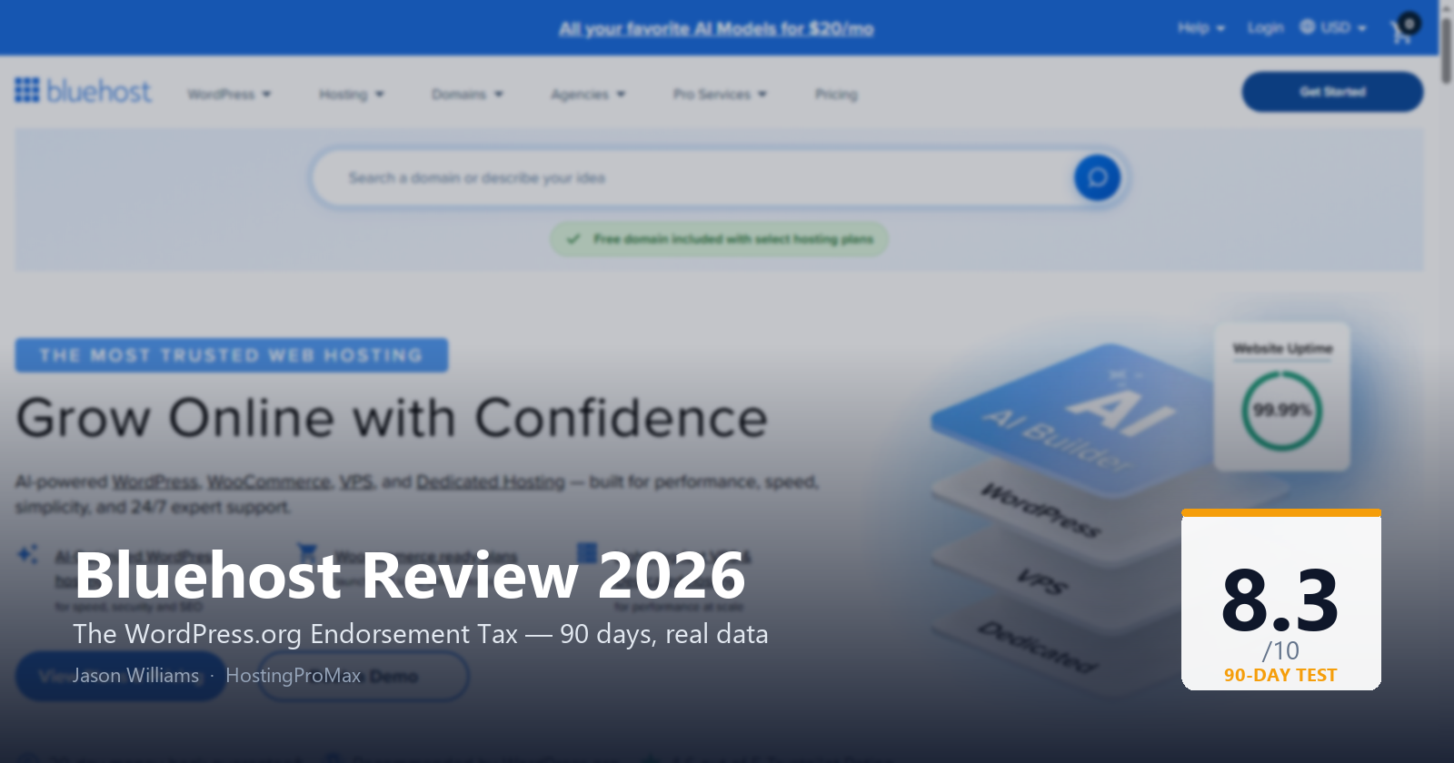 Bluehost Review 2026 — The WordPress.org Endorsement Tax, 90 days of real data