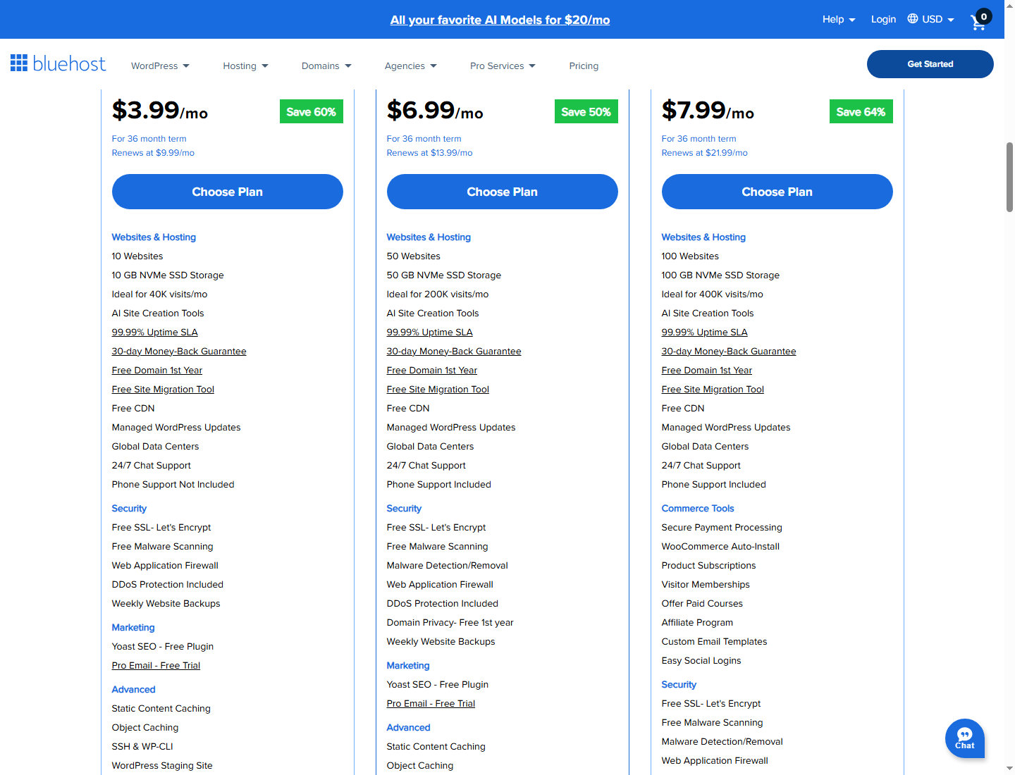 Bluehost pricing page — three shared hosting plans with intro vs renewal prices