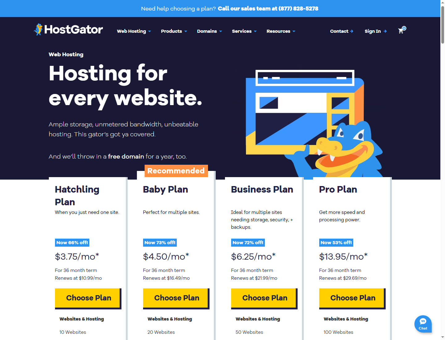 HostGator homepage with $3.75/mo starting price — 36-month commitment