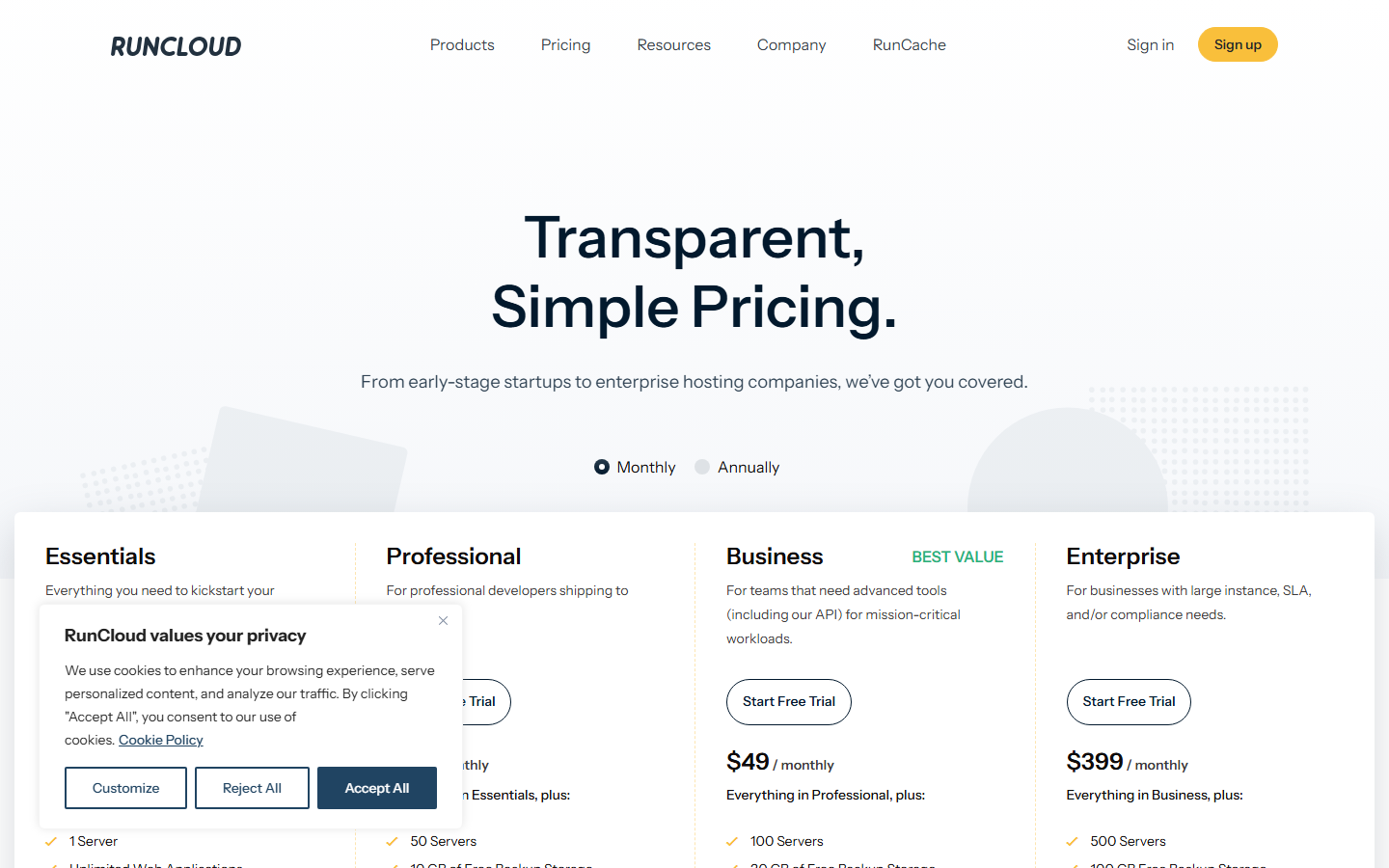RunCloud pricing page screenshot