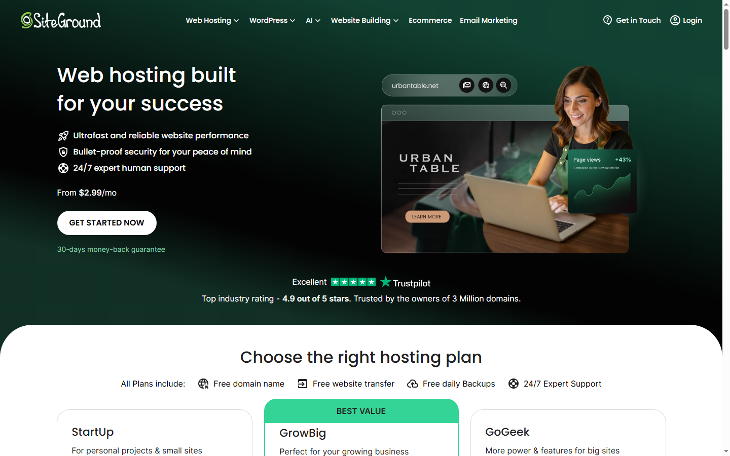 siteground pricing page screenshot