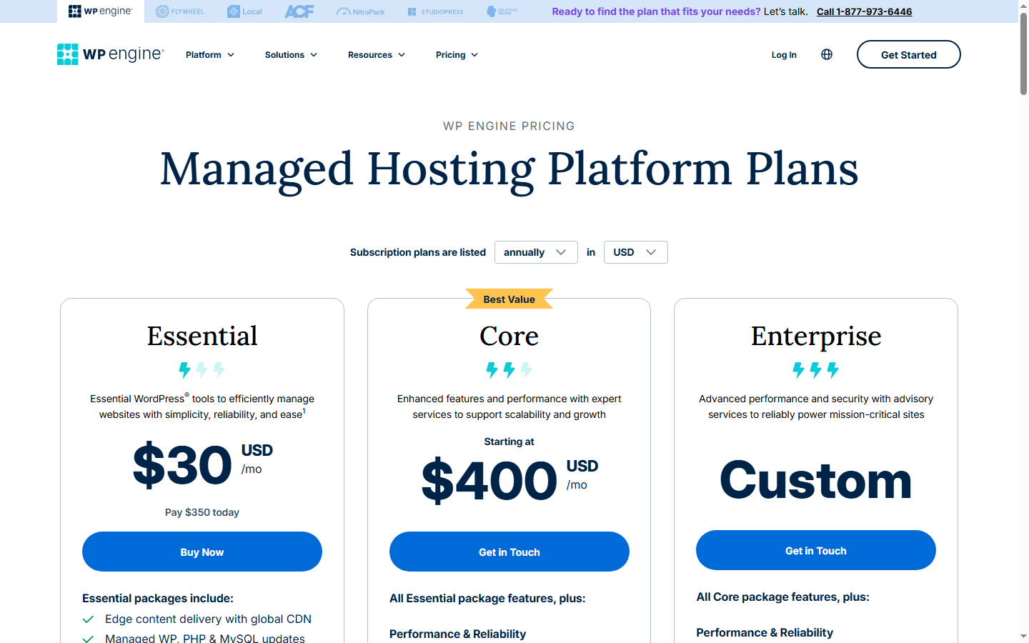 WP Engine Pricing Plans — Official Website Screenshot